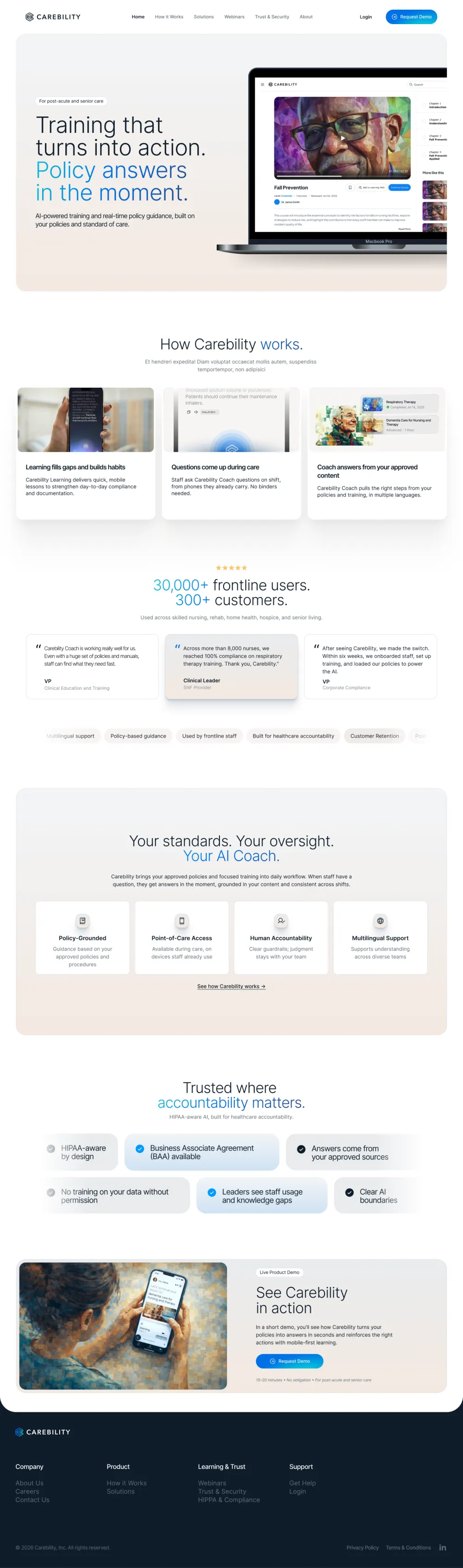 Carebility's home page at desktop width, top to bottom.