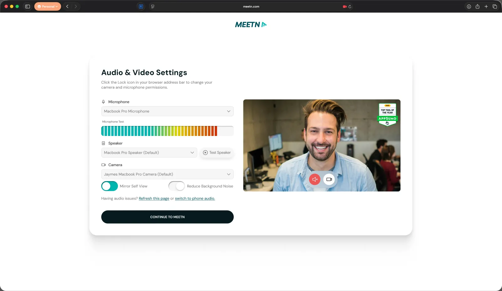 Meetn's final audio and video settings: one card, a live preview with mute and camera inside the frame, and one Continue to Meetn button.