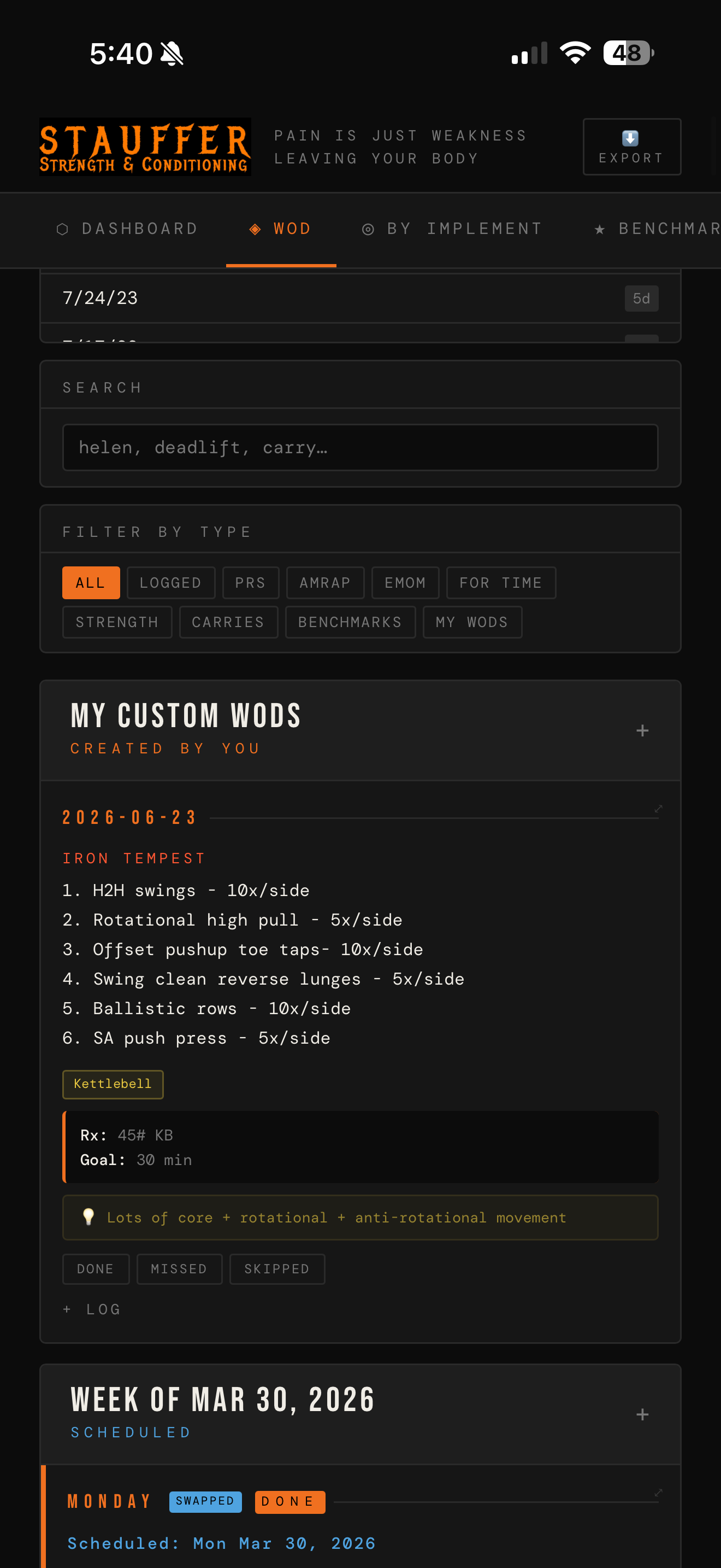Workout library with type filters and a custom workout built by the user
