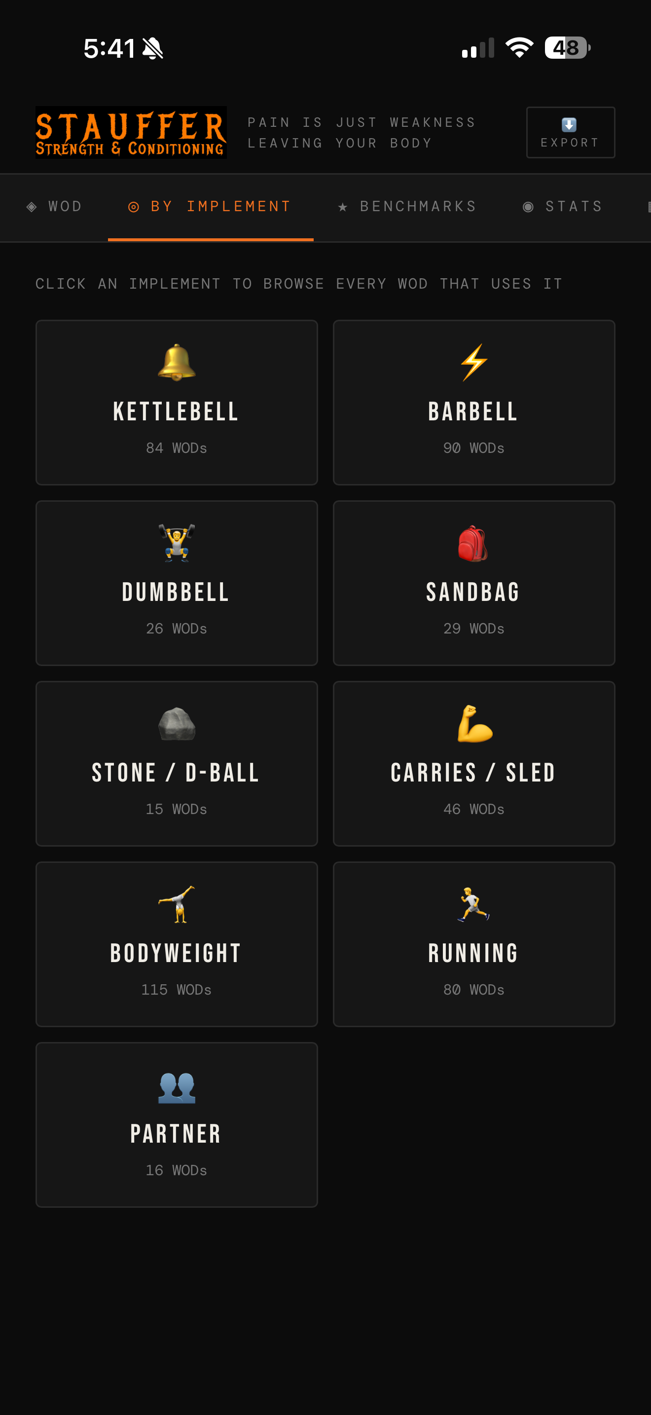 Browse workouts by implement, with a count of sessions for each piece of equipment